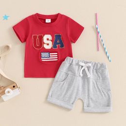 Clothing Sets 2024-04-03 Lioraitiin Baby Boys 4th Of July Outfits Letter Flag Embroidery Short Sleeves T-Shirt And Elastic Shorts Set