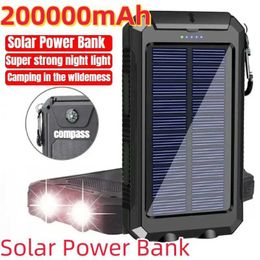 Cell Phone Power Banks 200000mAh backup battery solar panel pack outdoor portable charger Powerbank waterproof battery dual USB charging with LED lights 240424