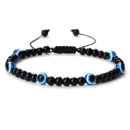 Beaded Fashion Trkiye Evil Eye Bracelet 4mm Black Natural Stone Beads Hand Woven Mens Obsidian Jewelry Pulseras Homme