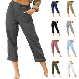 Women's Pants 2024 Wear Straight Office Solid Colour Cotton Linen Fashion Loose High Waist Casual Trousers Women