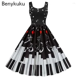 Casual Dresses Sexy Music Note Print Women Party Dress 2024 Summer Spaghetti Strap Black Slim 50s 60s Vintage A-line Swing Ropa Mujer