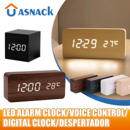 Clocks Alarm Clock Table Clock LED Digital Wooden USB/AAA Powered Desk Clock Temperature Humidity Voice Control Electronic Home Decor