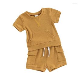 Clothing Sets Toddler Baby Boy Summer Shorts Set Short Sleeve Solid Colour Pocket T-Shirt Elastic Waist 2Pcs Waffle Outfit