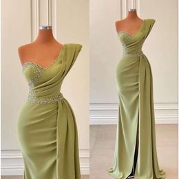 Green Satin Mermaid Evening Lemon Dresses One Shoulder Pärlor Ruched Split Formal Party OCN Prom Bowns for Women BC12707