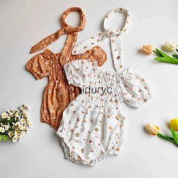 Rompers Summer Girls Clothes Floral Girl One Piece Short Sleeve Toddler Bodysuit With Headband H240429