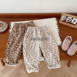 Trousers 1-5Y Spring Kids Baby Pants Thicken FLeece Lining Floral Girls Trousers Warm Boys Pants Outwear H240429