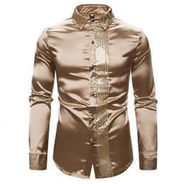 2020 New Men's Silk Satin Shiny Shirts Male Slim Fit Long Sleeve Sequin Patchwork Party Nightclub Wedding Shirt S-2XL219G