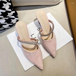 Slippers Women's 2024 Pump Summer Rhinestone Chain High Heels Stiletto Pointed Shallow Mouth Silk Sandals Outer Wear