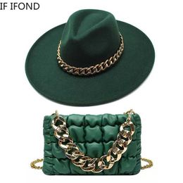 Wide Brim Hats Bucket Hats Fashion Luxury Two-piece Set Big Wide Brim 9.5CM Fedora Hat And Oversized Chain Accessory Bag Party Jazz Hats For Women Y240425