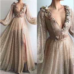 Neck A Prom V Line 3D Floral Lace Applique Long Sleeves Split Floor Length Formal Party Evening Dresses Bc2550 pplique