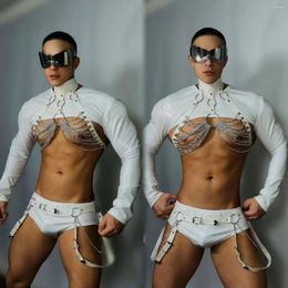 Stage Wear Sexy White Dancer Performance Costume Male Pole Dance Muscle Man Chest Waist Chain Party Rave Clothing VDB7568