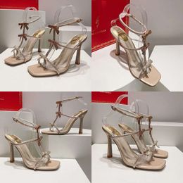 Caovilla Rene Caterina Crystal Beige Sandal 100mm Bowtie Stiletto Heel Rhinestone Evening Square Toes Ankle Strap Party Dress Designer Shoes