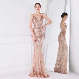 Runway Dresses YIDINGZS Women Strap Party Maxi Dress Sexy V Neck Evening Dress Gold Sequin Dress Long Prom Dress 18800 Y240426