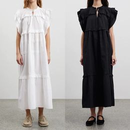 Women Ruffles Trim Midi Dress White or Black Cotton Loose Lace-up Flying Sleeve Female Fashion Summer Robe 240418