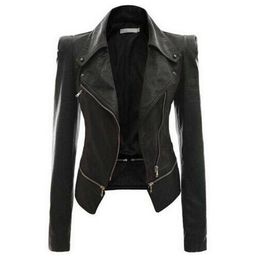 New designer autumn punk style women PU leather jacket black slim zipper lapel collar motor cool street fashion plus size warm jackets
