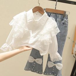 Clothing Sets Girls Suits Spring Autumn Children Clothes Floral Lace Stitching Top Denim Flared Pants Baby Kids Set