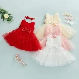 Clothing Sets Toddle Kids Girls Princess Dress Summer Solid Color Sleeveless Ruffled Lace Mesh Bowknot Long Full Headband Outfits