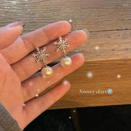 Stud Earrings Zircon Snowflake Pearl Earring Female Silver Needle Advanced Sense Design Light Luxury Temperament Sweet Matching