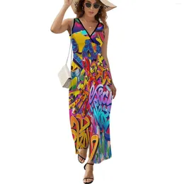 Casual Dresses Graffiti Words Dress Colorful Print Kawaii Maxi V Neck Custom Boho Beach Long Big Size Vestido