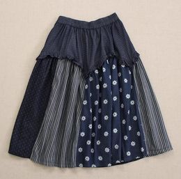 Skirts Mori Girl Women Skirt Denim Patchwork 2024 Spring Summer A Line Retro Loose Lady Long Female YoYiKamomo