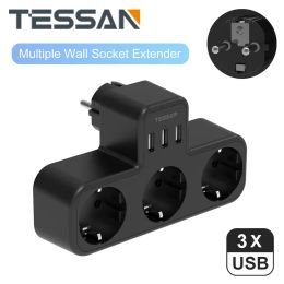 Chargers Tessan Eu Wall Socket Power Strip with 3 Outlets and 3 Usb Ports 3a, 6 in 1 Usb Wall Charger for Home Office, Travel