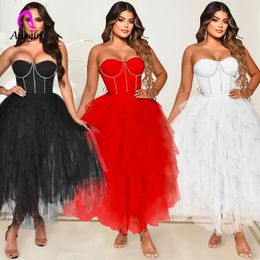 Casual Dresses Crystal Ruffles Women Midi Dress Off Shoulder Solid Organza Ball Gown 2024 Summer Evening Sexy Night Club Party Vestidos