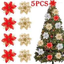 Decorative Flowers 5PCS Glitter Artifical Christmas Tree Decorations For Home Fake Xmas Ornaments 2024 Year Decor