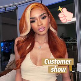 Long Honey Blonde Lace Forehead Human Hair Wig Ombre Ginger Orange Full Front Highlights 28 30 Inch Synthetic Deep Wave Wig Wholesale Hair Products