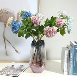 Decorative Flowers Real Touch 3 Heads Hydrangea Branch With Leaves Artificial Wedding Decoration Home Party Decor Flores Artificiales