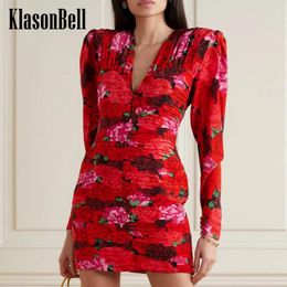 Casual Dresses 12.18 KlasonBell Elegant Flower Print Ruched V-Neck Slim Package Hip Long Sleeve Dress Women