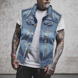 Men's Jackets Hip hop sleeveless denim jacket mens open front single chest lapel jacket blue black denim topL244