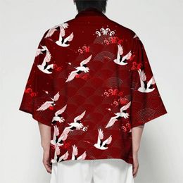 Men's Casual Shirts Japanese Style Men Coat Kimono Cardigan With Bird Print Traditional Three Quarter Sleeve Top For Daily