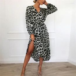 Casual Dresses Women's Long-Sleeved Loose Dress Leopard Print V-Neck Lace-up Asymmetry Temperament Elegant Spring Summer