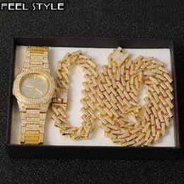 Strands Watch+Chain+Bracelet Hip Hop Sparkling Ice Crystal 15mm Cuban Paved Rhinestone Miami Zircon Mens Necklace 240424