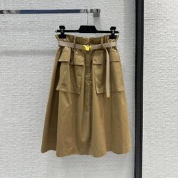 Skirts 2024 Fashion All-matched A-line Long Womens High Waist Buckle Belt Big Pockets Khaki Safari Style Casual Chic Skirt