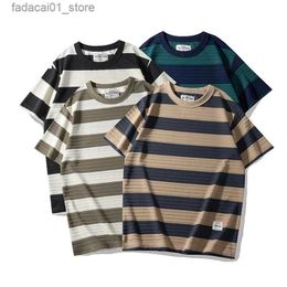 Men's T-Shirts Summer Handsome Youth Classic Striped round neck loose fitting T-shirt suitable for men and women casual short sleeved zipperQ240426