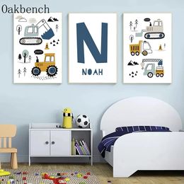 Custom Name Poster Excavator Nursery Posters Crane Art Painting Tractor Print Pictures Nordic Wall Boys Room Decoration 240426