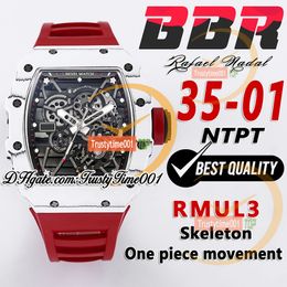 BBR 35-01 RMUL3 Mechanical Hand-winding Mens Watch White NTPT Carbon Fibre Case Skeleton Dial Red Natural Rubber Strap Super Edition Sport Trustytime001 Wristwatch