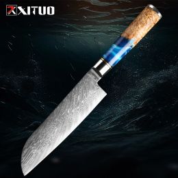 Knives XITUO Damascus Steel VG10 Santoku Knife Chef Knife Raw Fish Fillet Fish Kitchen Knife Blue Resin Colour Wood Handle Cooking Tool
