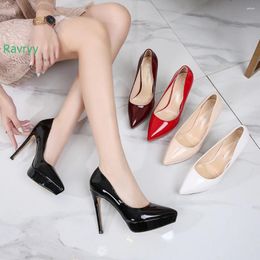 Dress Shoes Pointed Toe Catwalk Sexy Women Pumps Platform Fashion Slip On Thin High Heels 12 Cm Patent Leather Shiny Large Size 46