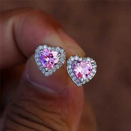 Stud Dainty Female Rainbow Crystal Stone Jewelry Charm Silver Color Small Stud Earring Cute Heart Zircon Wedding Earrings For Women d240426