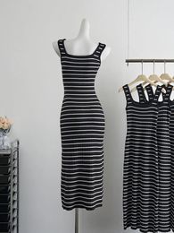 Casual Dresses American Vintage Corset Dress Black Classical Striped Fashion A-Line Sleeveless Kpop Square Collar Frocks 2000s Aesthetic