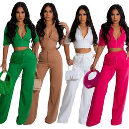 Women's Pants Casual Solid Sets For Women 2024 Autumn Zipper Short Sleeve Tops Drawstring Wide Leg Trousers Female Two Piece Suits