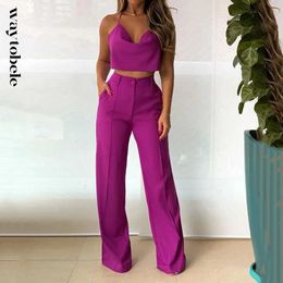 Women's Two Piece Pants Waytobele Women Two Piece Set Fashion Solid V Neck Slveless Suspender High Waist Top Loose With Pockets Pants Sets Strtwear Y240426