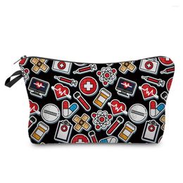 Cosmetic Bags Love Medicament Printed Black Makeup Bag Women's Waterproof Pencil Cases Pouch Travel