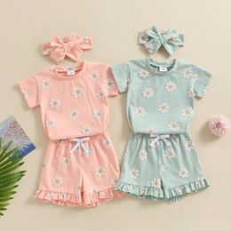 Clothing Sets Toddler Kids Baby Girl Summer Outfits Floral Print Short Sleeves T-shirts Elastic Waist Ruffled Shorts Headband 3pvs Clothes