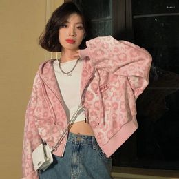 Women's Jackets Preppy Style Pink Sweatshirts Leopard Print Y2K Harajuku Oversized Hoodies Women Vintage Casual Zipper Cropped Jacket Tops