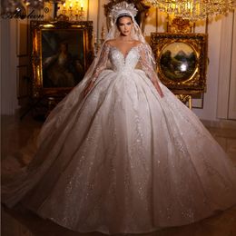 Luxurious Bling Lace Illusion Neck Full Sleeves Ball Gown Wedding Dress Beading Embroidery Appliques princess Bridal Gowns embroidered With Multi-layered Lace