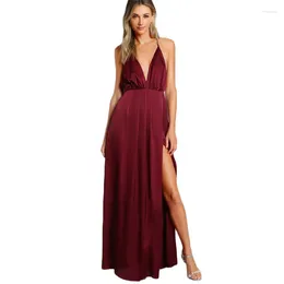 Party Dresses Women's Sexy Silk Satin Evening Cross Back Burgundy Deep V Neck Split Backless Maxi Women Prom Dress YSAN763