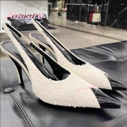 Dress Shoes Metal Pointed Black High Heels Shallow Iron Toe Thin Heel Back Strap Sandals Summer Est Slingback Luxury Women's Pumps Sexy